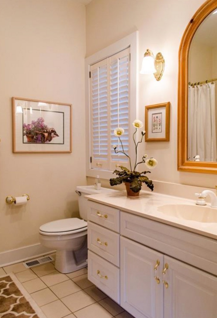 Original neutral lake house bathroom before renovation